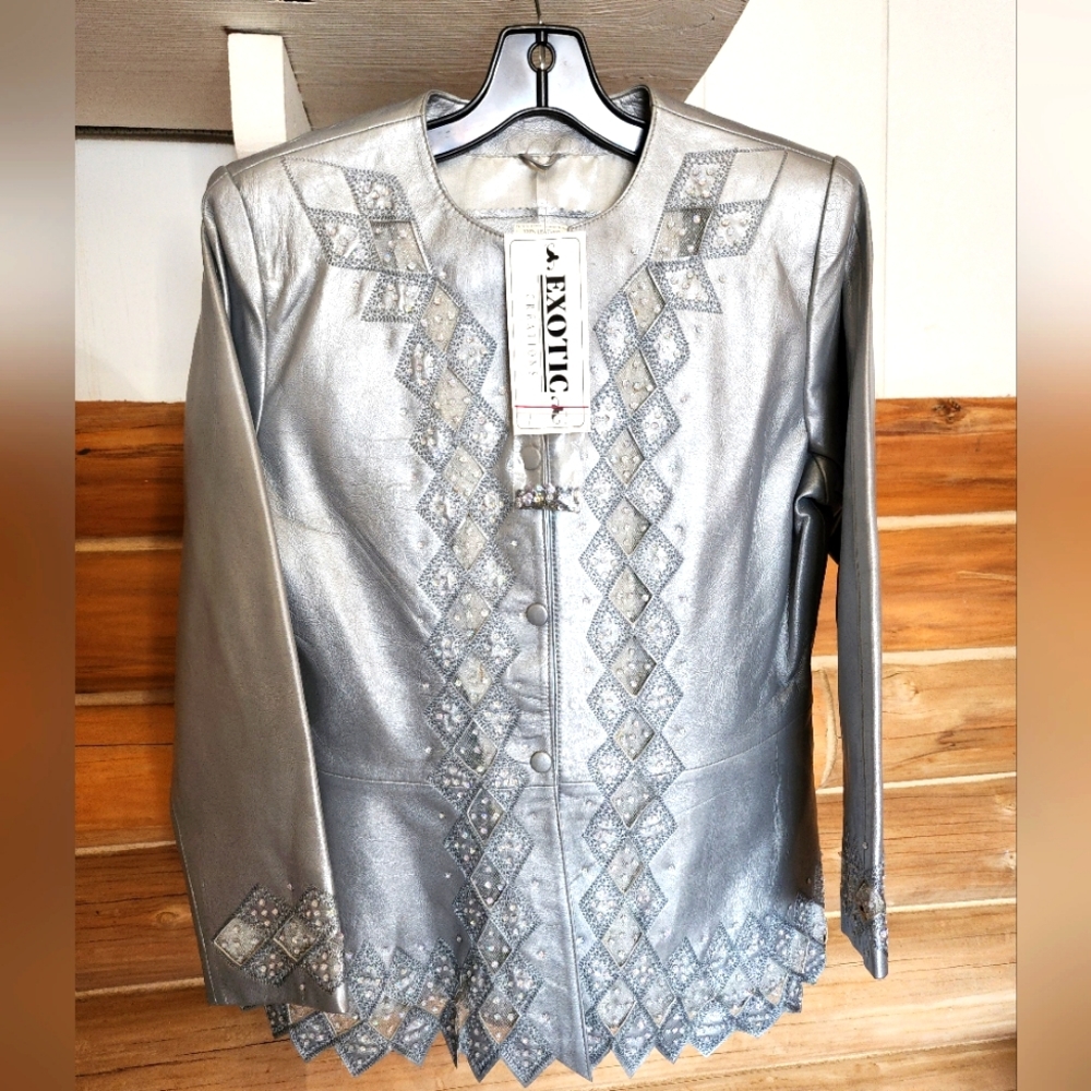 Custom Exotic Leather Gray Silver hand beaded light jacket for spring Large